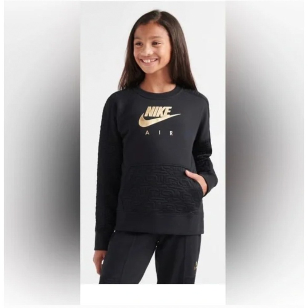 Big Kid Nike Air Black Gold Logo Embossed Sleeve Pocket Crewneck Sweatshirt - XL